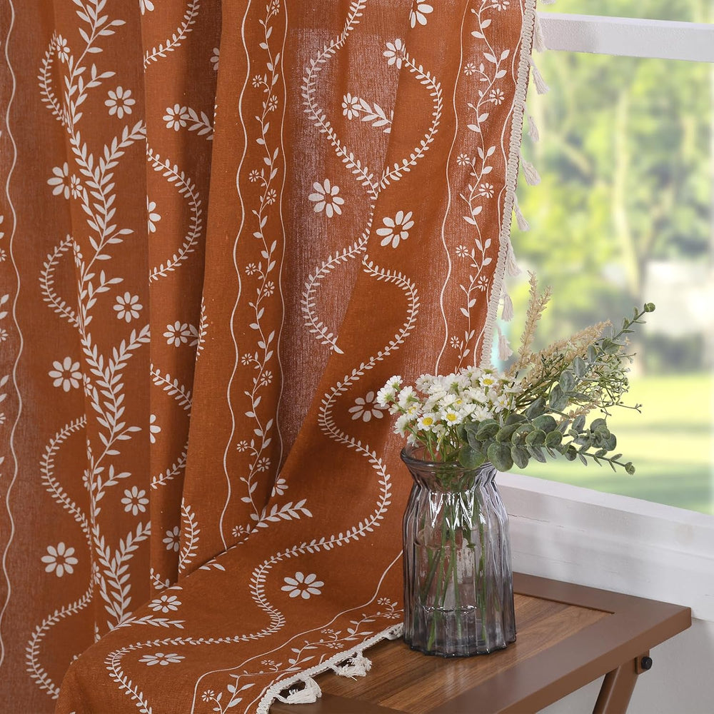 Schweek Terracotta Boho Curtains 63 Inches Long 2 Panels for Kitchen
