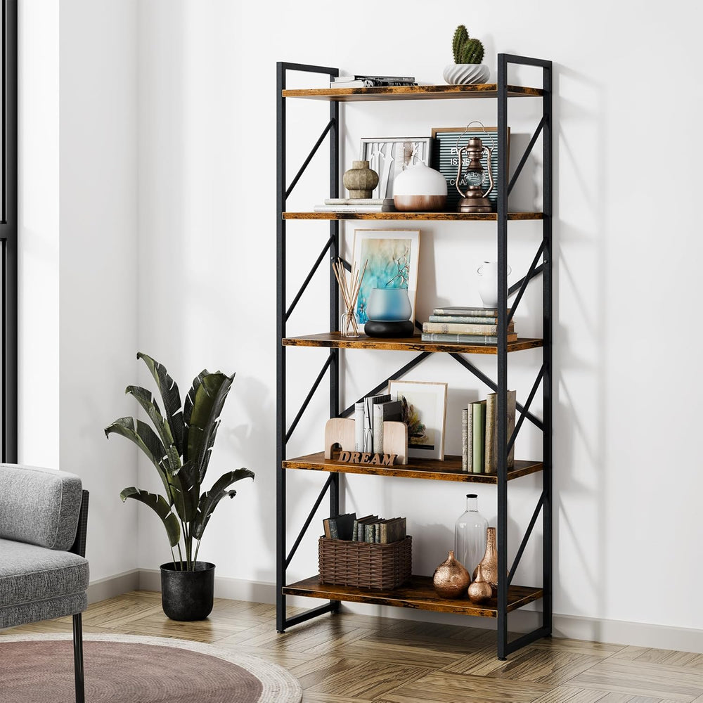 Shintenchi 5 Tiers Bookshelf, Classically Tall Bookcase Shelf, Industrial Boo...