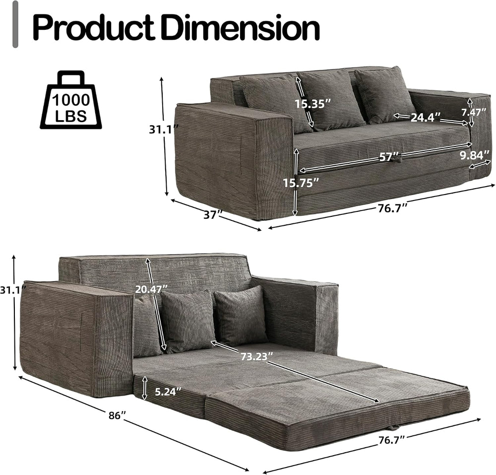76" Convertible Futon Sofa Bed, Boneless Couch for Living Room, Grey
