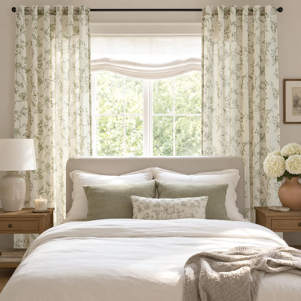 Lazzzy Green Floral Linen Curtains Farmhouse Rod Pocket 50W X 84L 2 Panels