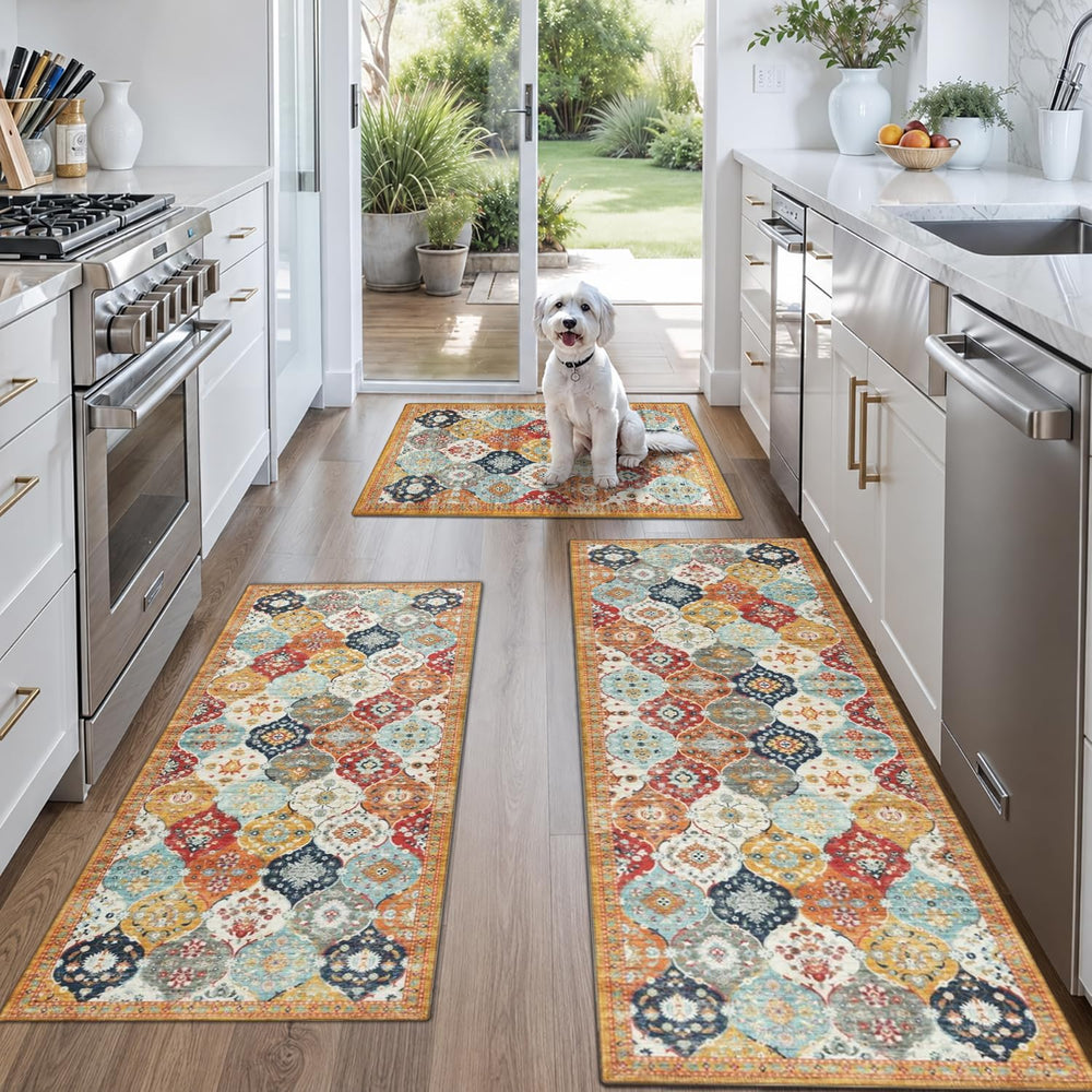 3-Piece Colorful Boho Rug Set - Washable Moroccan Ogee Area Rugs, Non-Slip Lo...
