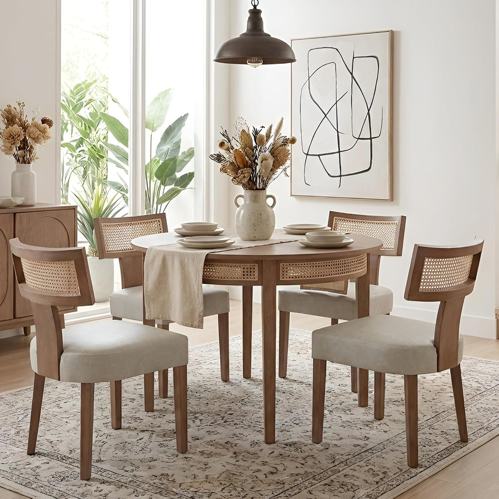 HNY Mid Century Modern Rattan Dining Chairs Set of 4, Farmhouse PU Leather Up...