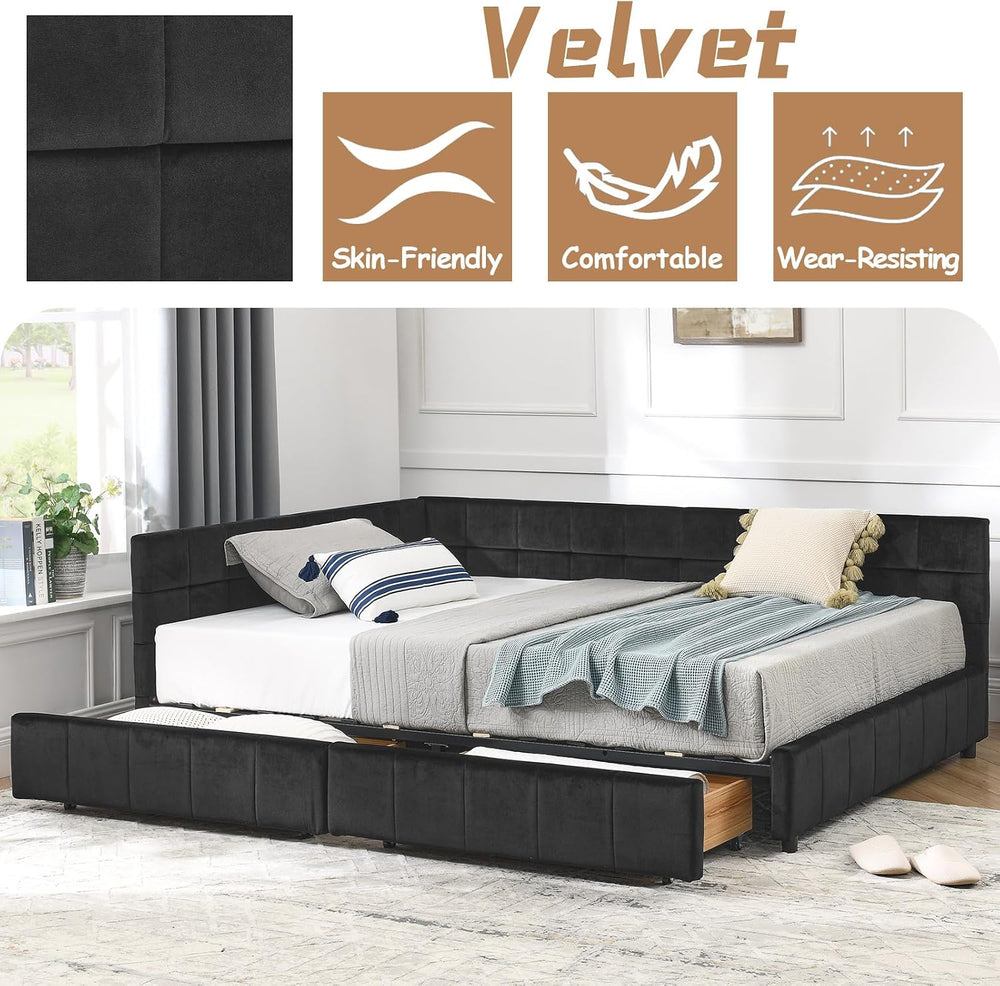 Velvet Corner Bed Frame Full, Upholstered Corner Daybed with Drawers, Full Si...