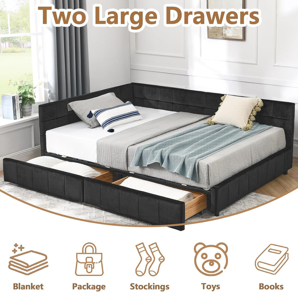 Velvet Corner Bed Frame Full, Upholstered Corner Daybed with Drawers, Full Si...