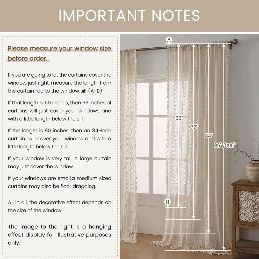 Boho Crochet Curtains for Living Room Lace Curtains 84 Inches Long 2 Panel, R...