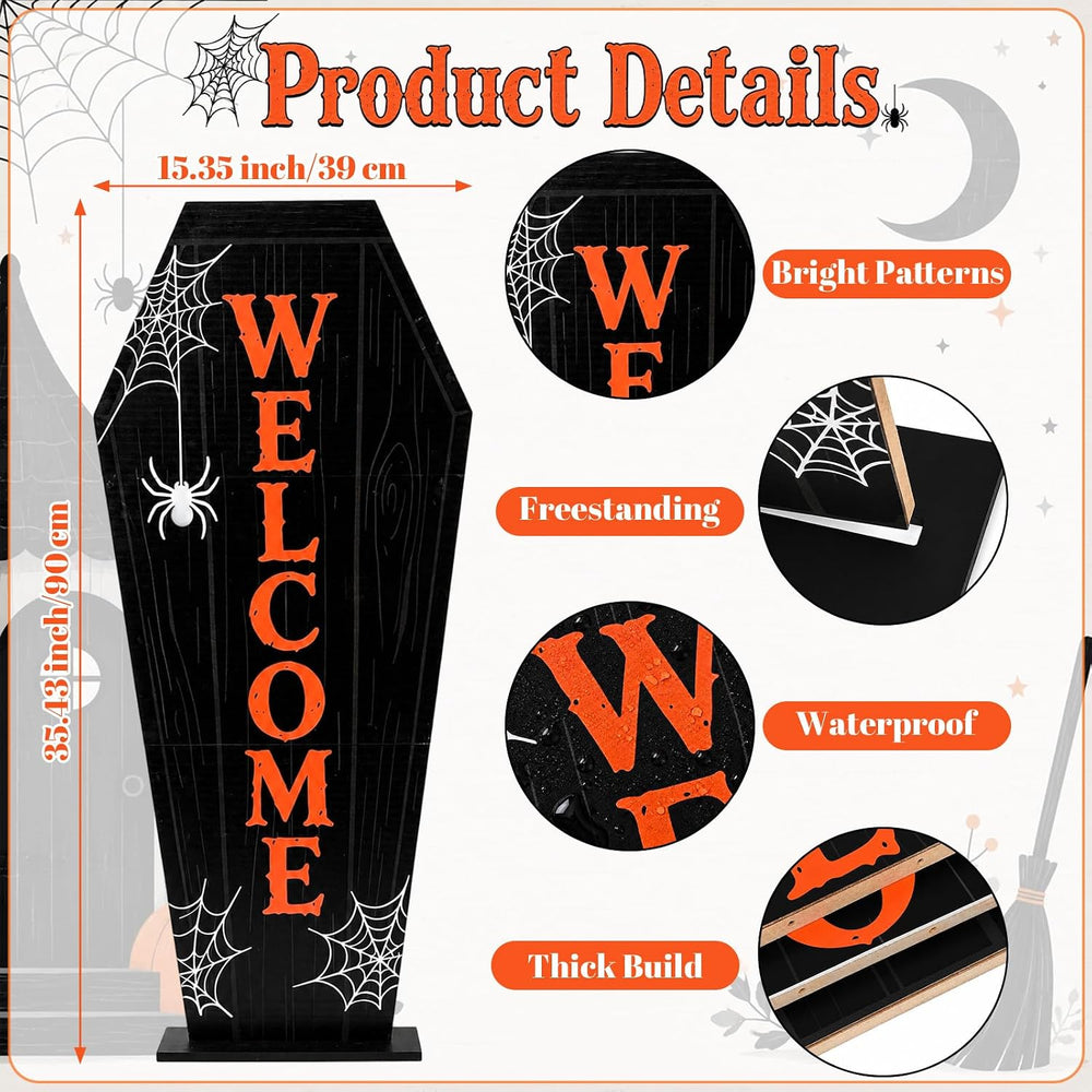 2.95FT Wooden Halloween Coffin Welcome Porch Sign for Front Door