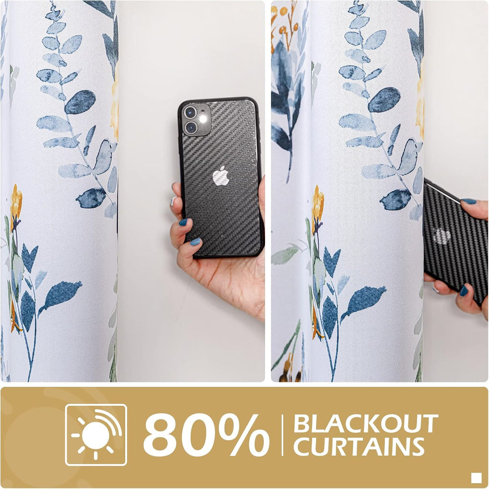 MYSKY HOME Floral Blackout Curtains 45 inch Length 2 Panels Yellow and Blue