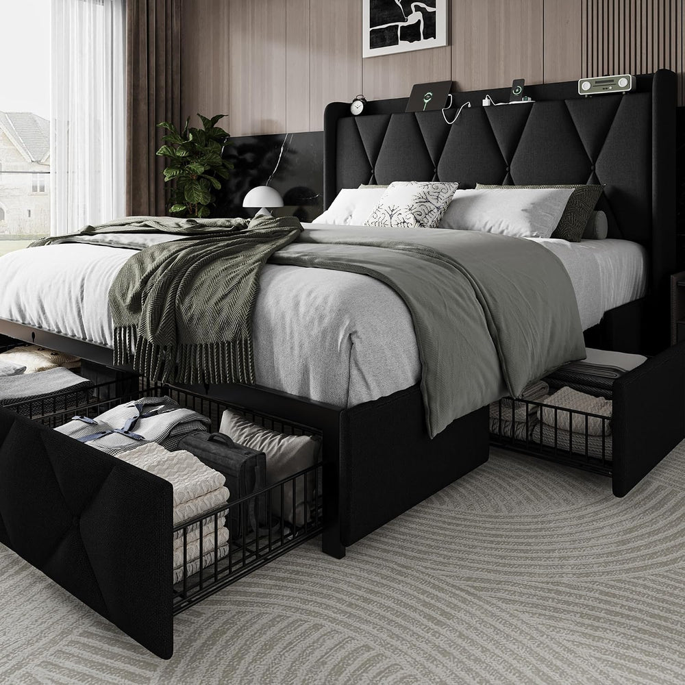 Einhomn Full Size Bed Frame with 4 Storage Drawers and Charging Station, Upho...