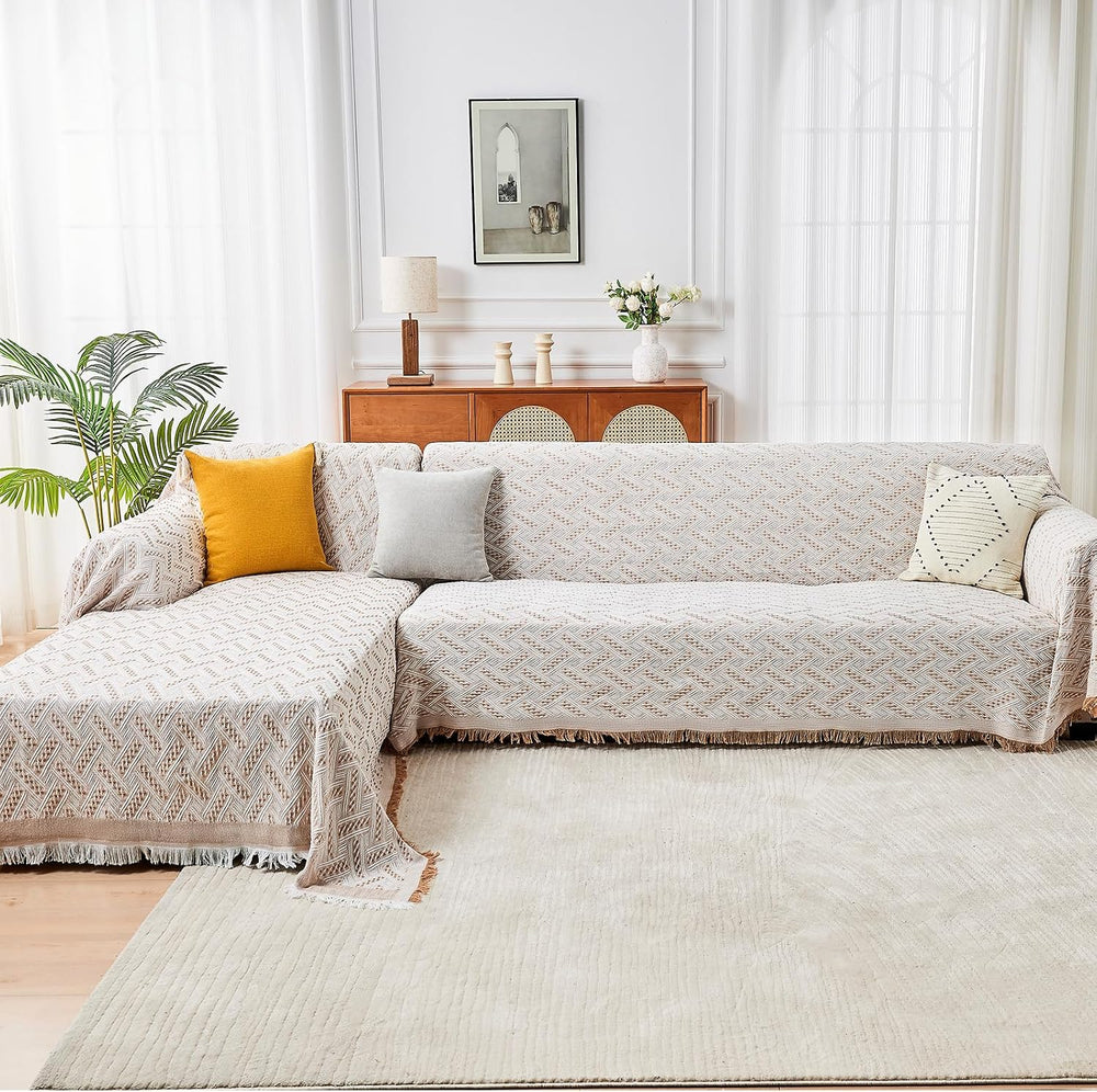 HOMERILLA 2 Piece Sectional Couch Cover for L Shape Sofa Khaki White XL