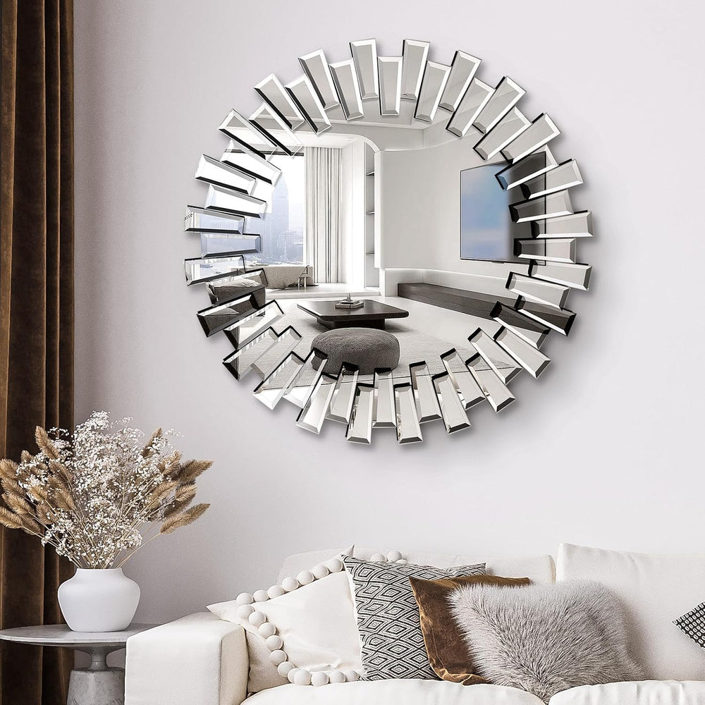 QDSSDECO 32" x32" Round Sunburst Wall Mirror, Frameless Beveled Edge