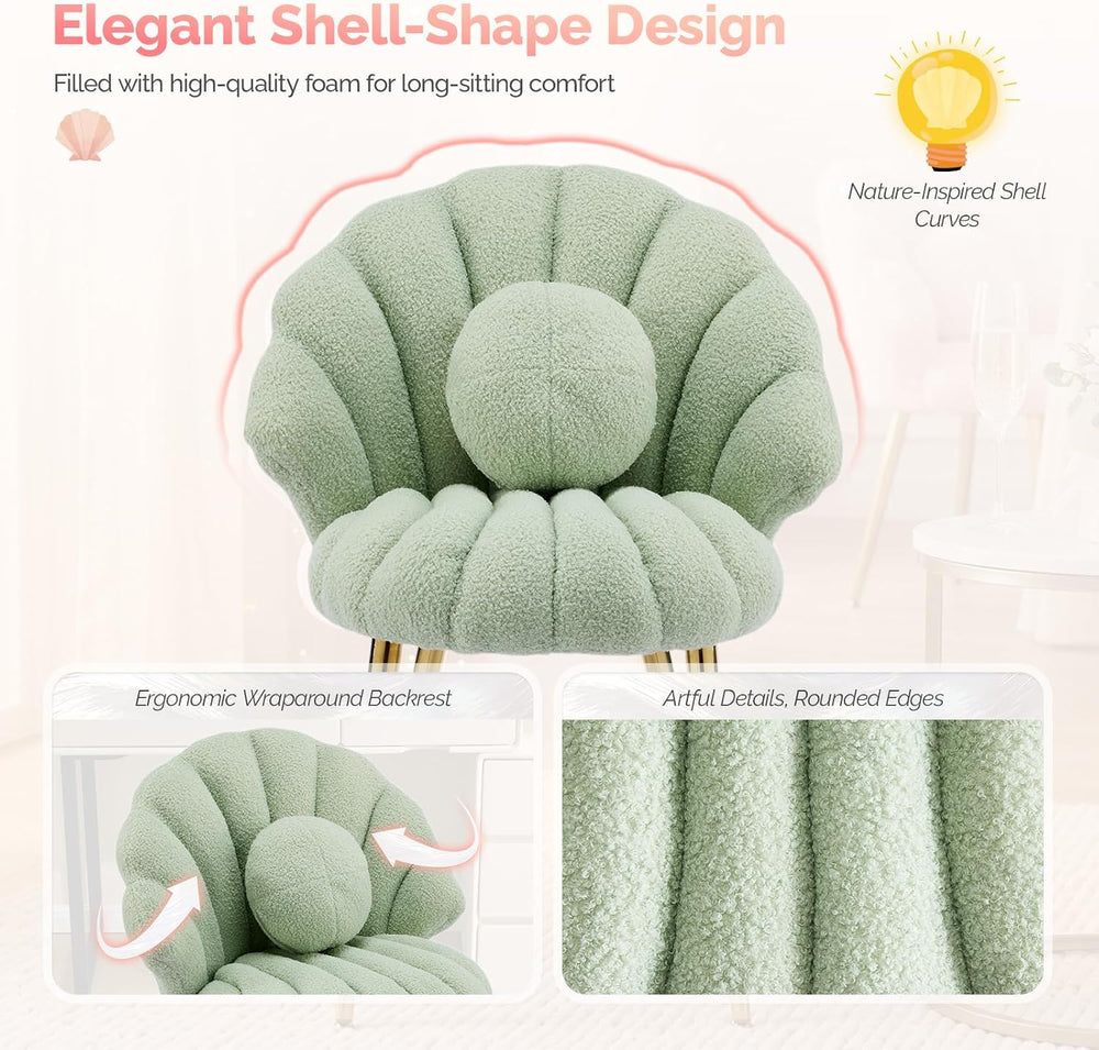 VINGLI Shell-Shaped Teddy Fleece Accent Vanity Chair with Back,Comfy Green an...