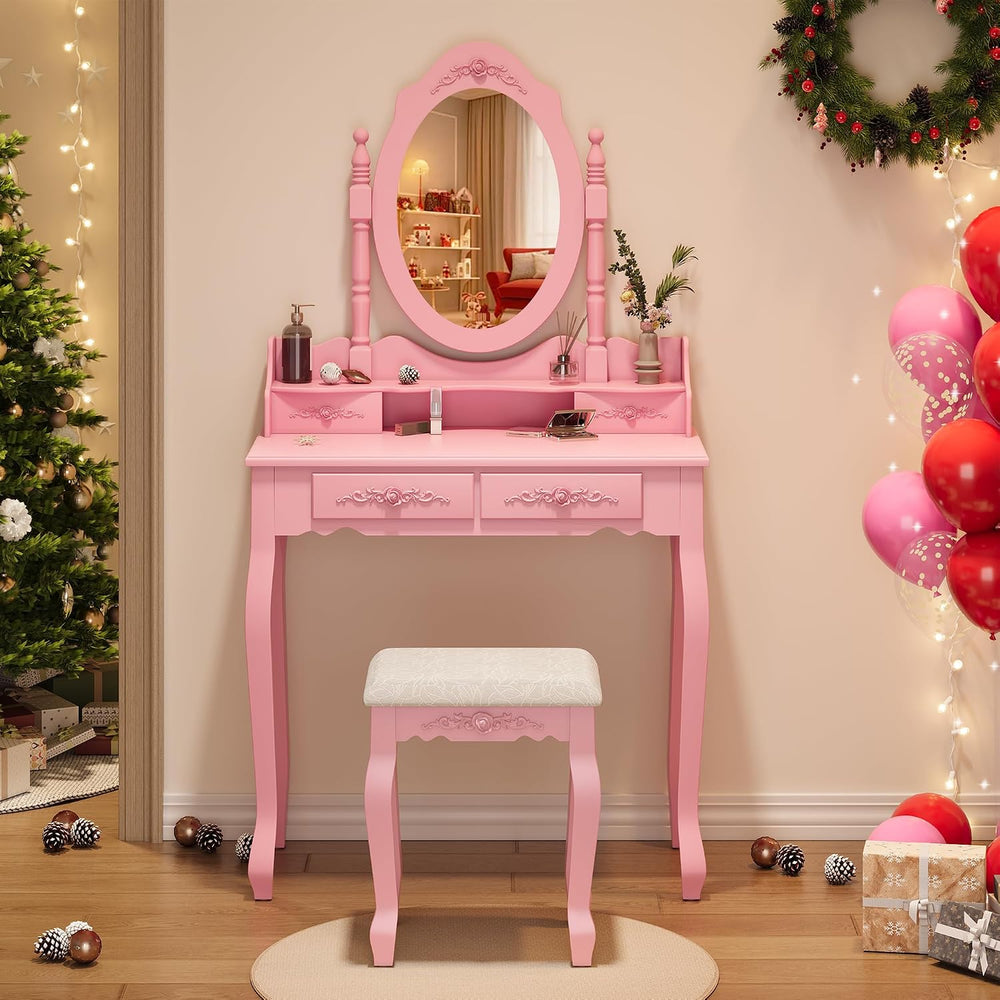 Alohappy Vanity Desk Set with Mirror & Stool for Girls, Pink | Makeup Van...