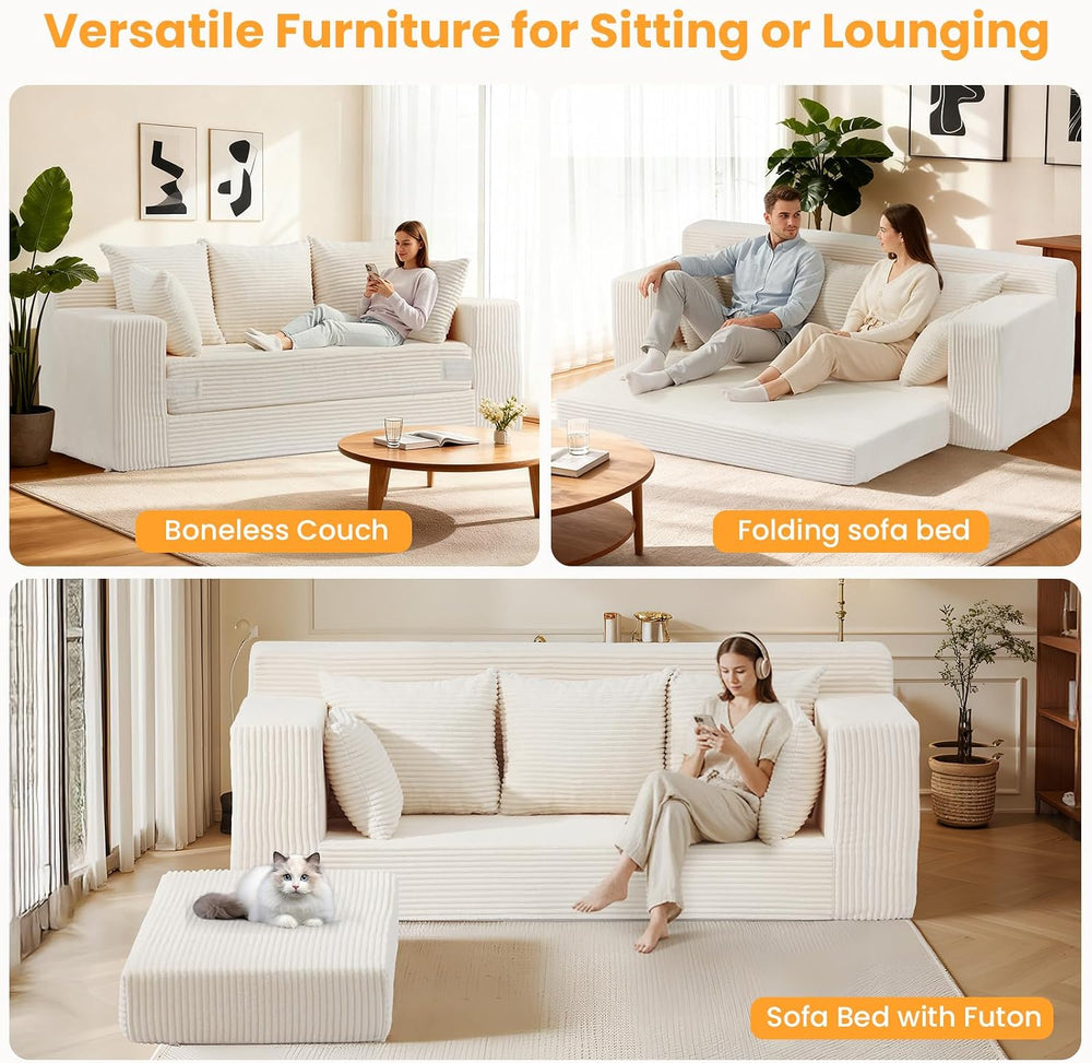 Boneless Couch 70 inch, 3 Seater Couch with Pull Out Bed, Boneless Loveseat O...
