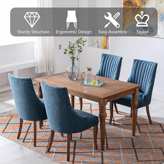 mikibama Linen Dining Chairs Set of 4 Channel Tufted Kitchen Dinner Chair Com...