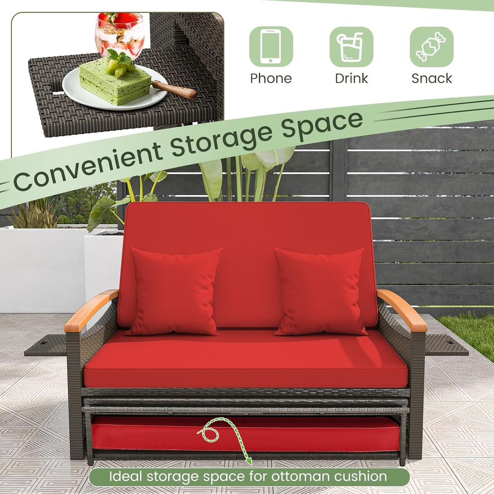 COSTWAY Patio Rattan Daybed, Outdoor Loveseat Sofa with Storage Ottoman
