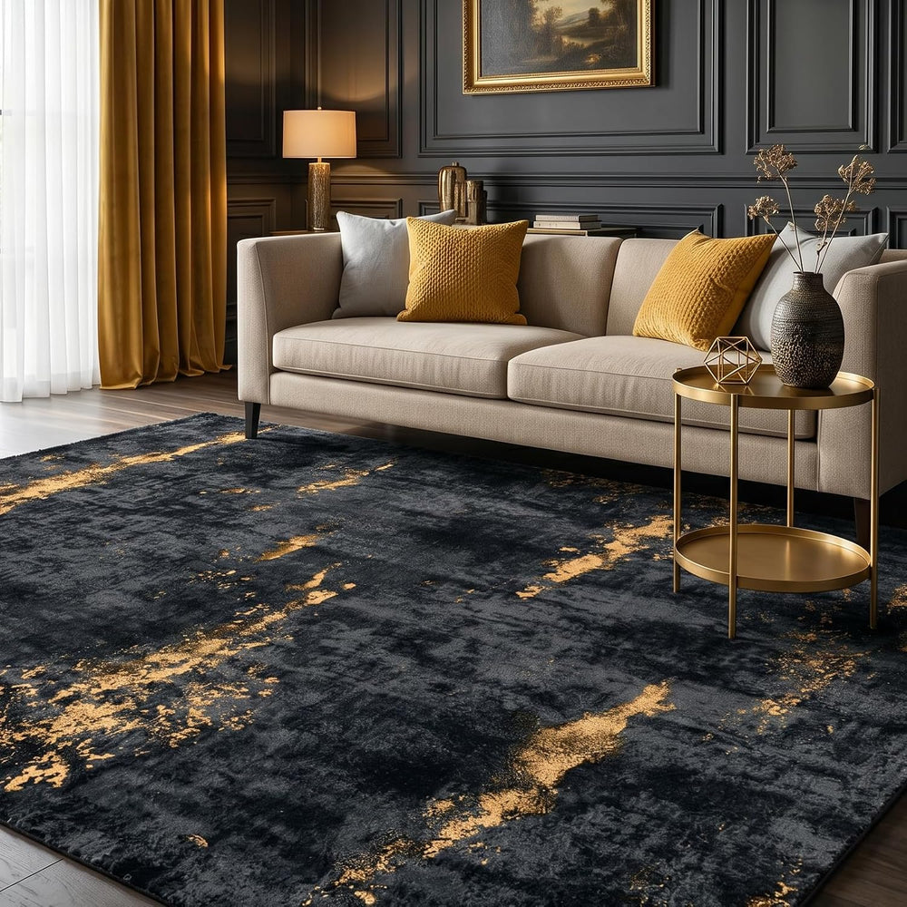 Fixwal Washable 5x7 Area Rug for Living Room, Non-Slip, Black/Gold