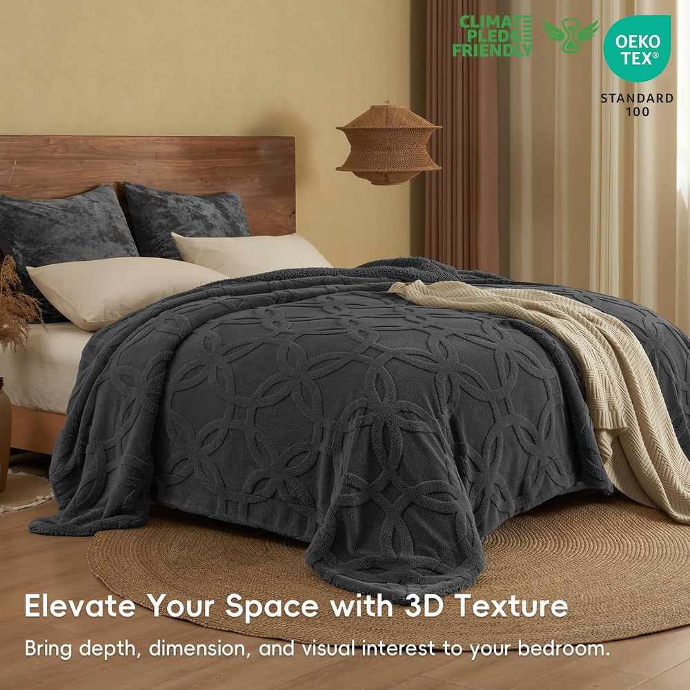 PHF Soft Sherpa Fleece Blanket Queen, Tufted Jacquard, 01-Dark Grey