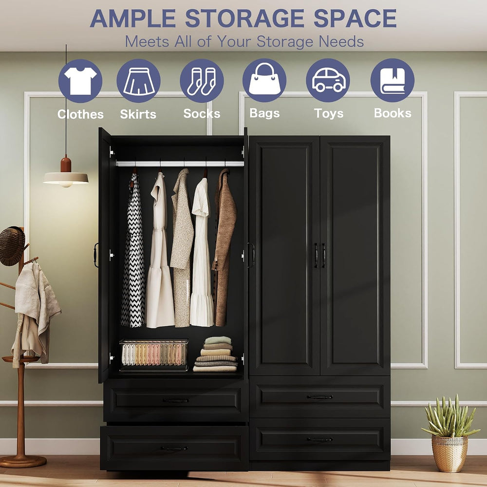Black Wardrobe Closet with 2 Drawers and 2 Doors, 75" H x 32" W