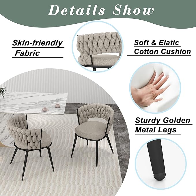 KCC Fabric Dining Chairs Set of 6, Modern Dining Chair with Metal Legs, Woven...