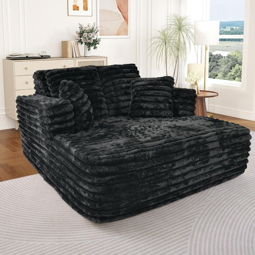 Oversized Chaise Lounge Indoor, Modern Plush Faux Fur Fabric Deep Seat Bonele...