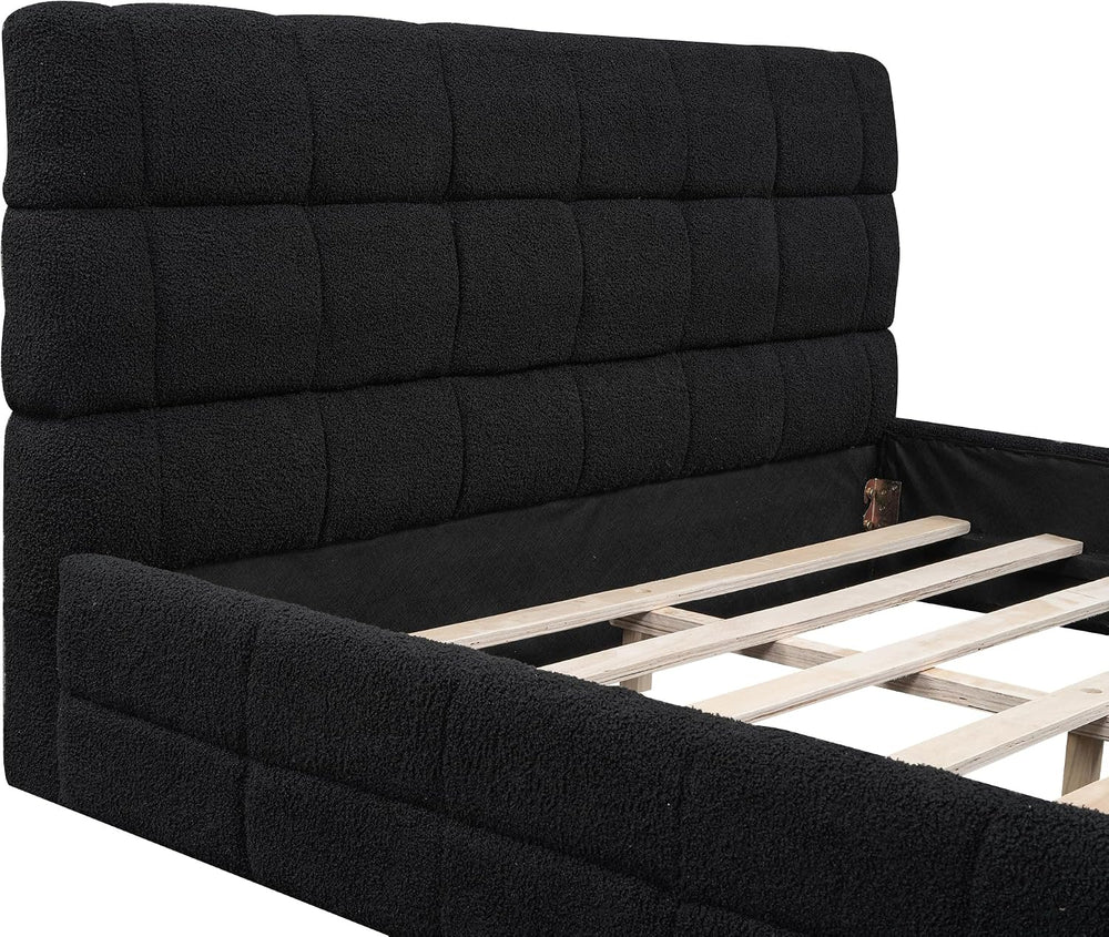 SOFTSEA Queen Size Upholstered Platform Bed, Fleece Floor Bed with Tufted Hea...