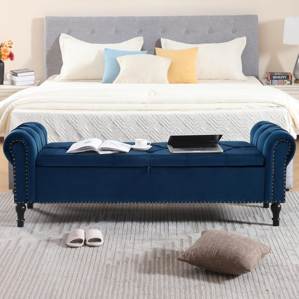 Velvet Storage Bench 67 Inch Upholstered Tufted Ottoman Bench with Arms Large...