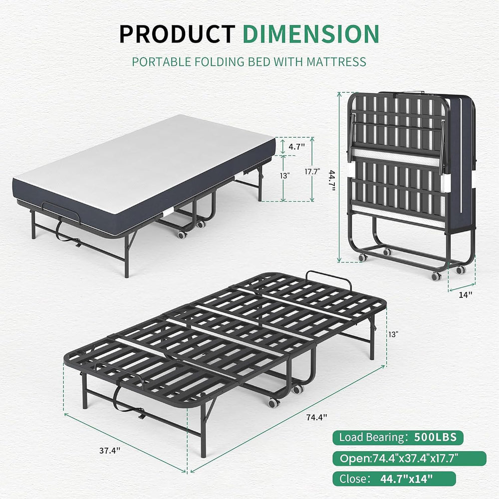Folding Bed with Mattress,5-Inch Memory Foam Foldable Bed for Adults,500lbs C...