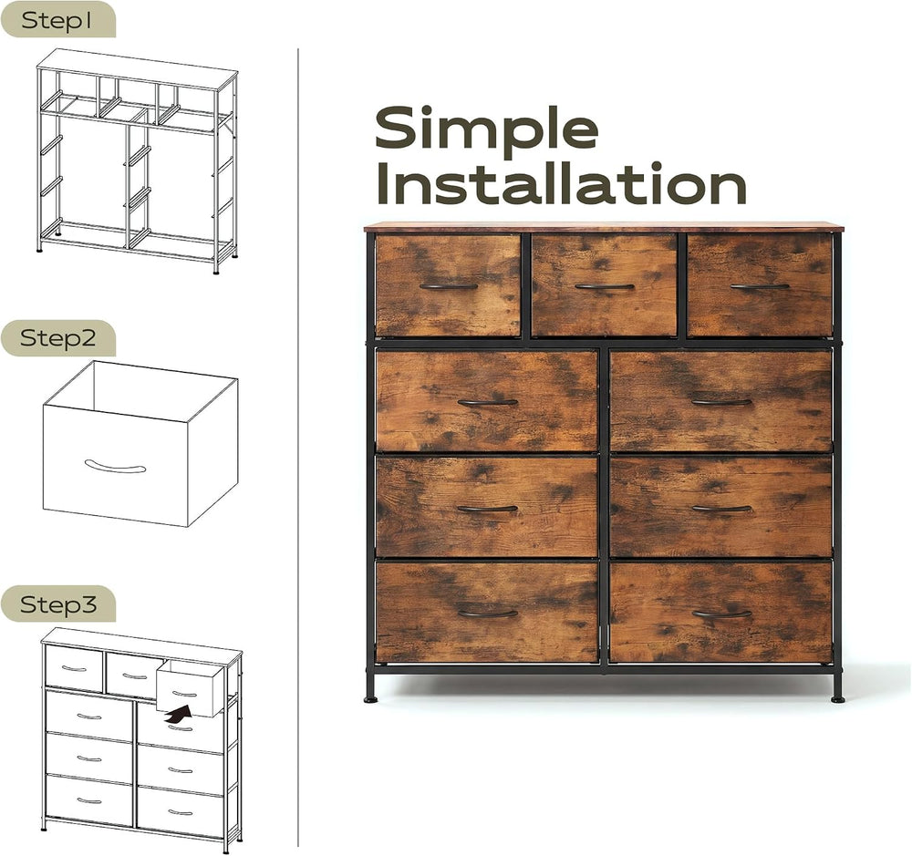 WLIVE Tall Dresser for Bedroom, 9 Drawer Chest of Drawers, Rustic Brown