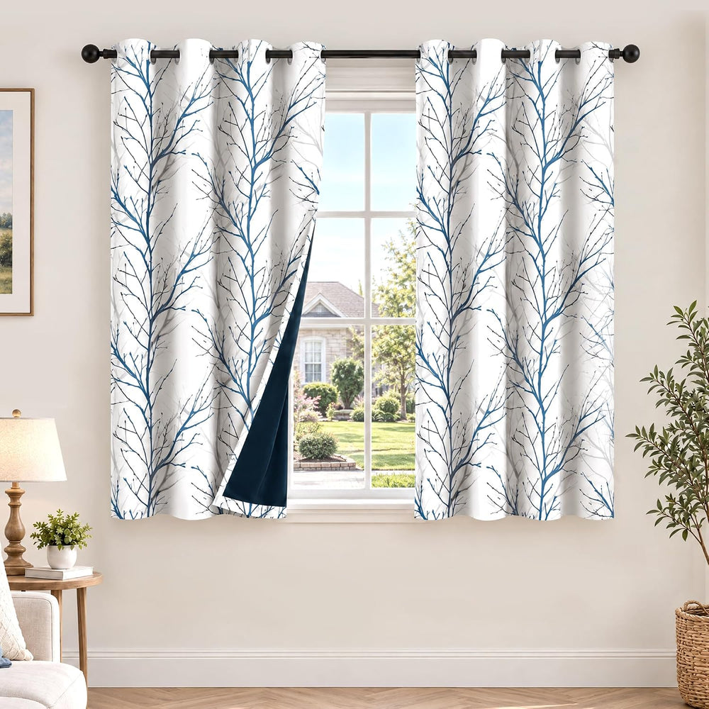 FMFUNCTEX 100% Blackout Blue Grey Tree Branch Curtains 54 Inch 2 Panels