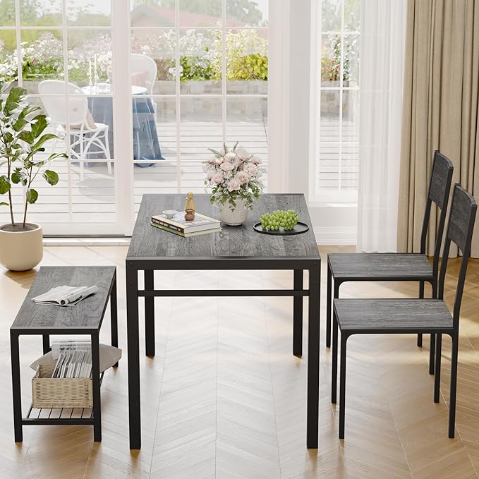 JUMMICO 43.3" Dining Table Set for 4, Kitchen Table with Bench & 2 C...