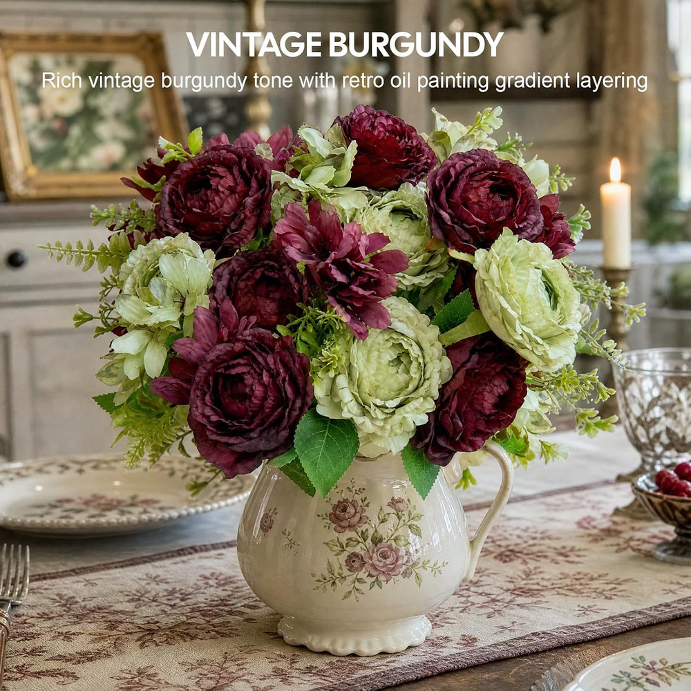 Burgundy Peonies Artificial Flowers Faux Fall Bouquet 17" for Vase, 3 PCS