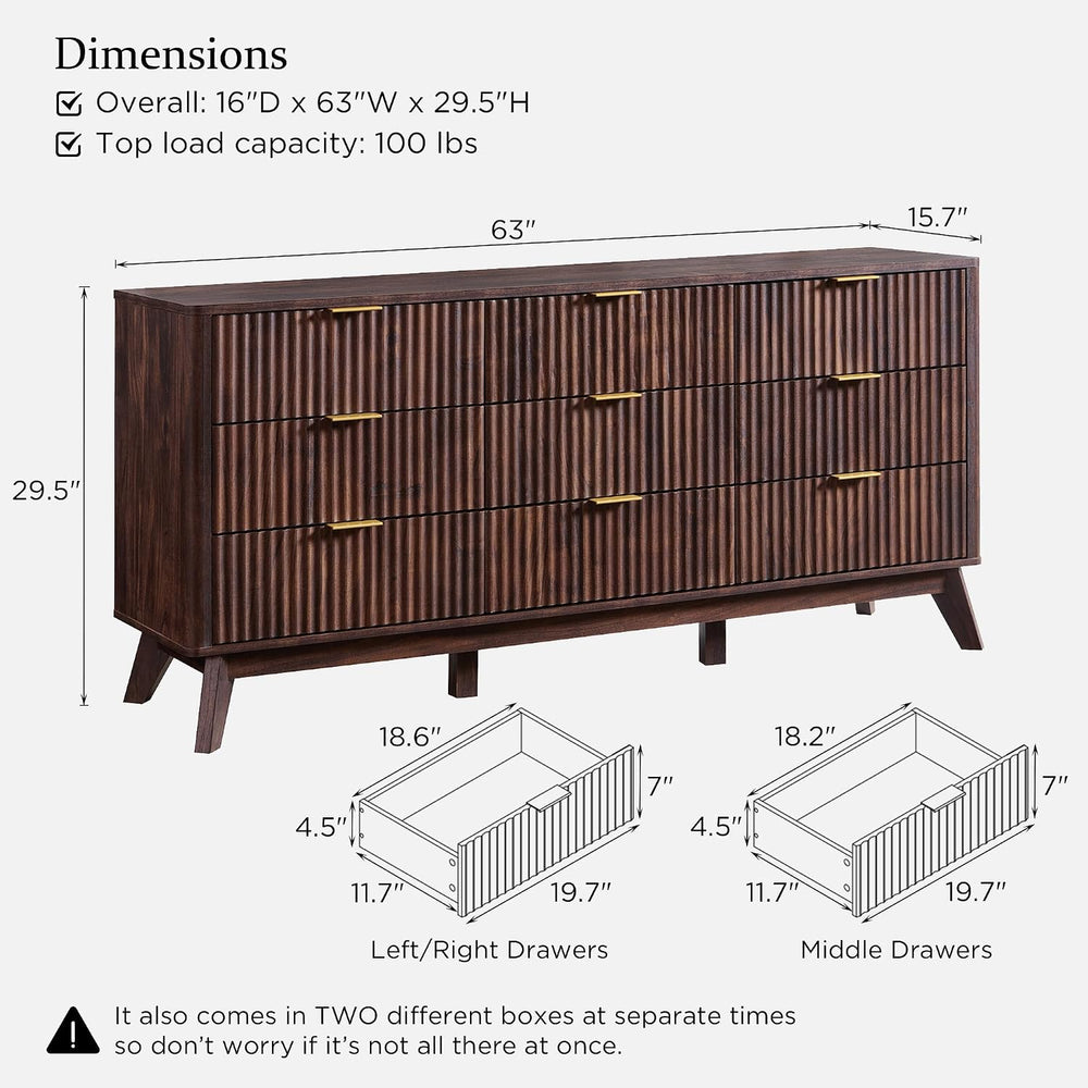 T4TREAM 63" Wide Fluted 9 Drawer Dresser for Bedroom, Dark Walnut