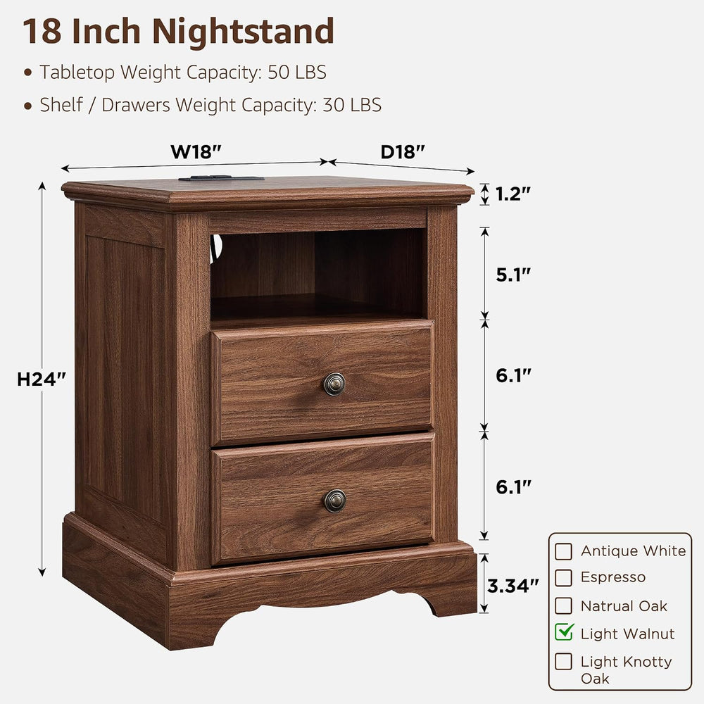 T4TREAM 18" Vintage Nightstand with Charging Station, Light Walnut