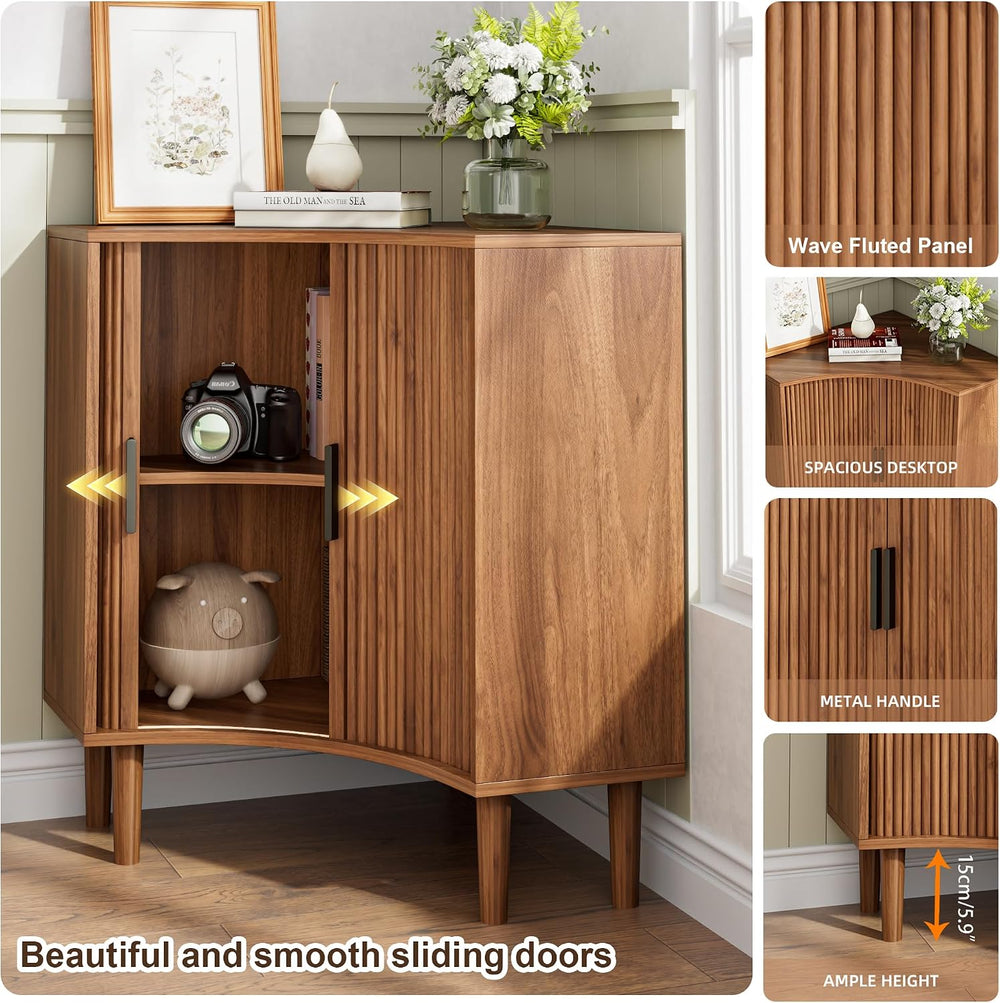 Lxsxlome Fluted Corner Cabinet with Sliding Doors and Adjustable Shelves