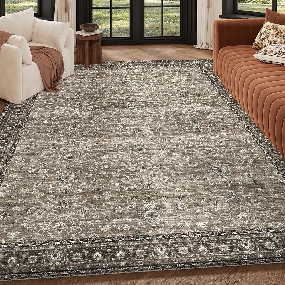 6x9 Grey Brown Washable Area Rug for Living Room, Vintage Print