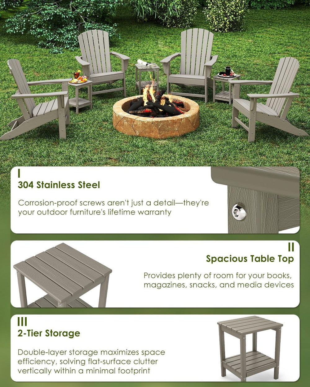 GREENVINES Outdoor Side Table, HDPE 2-Tier Adirondack Tables, Wood Grain