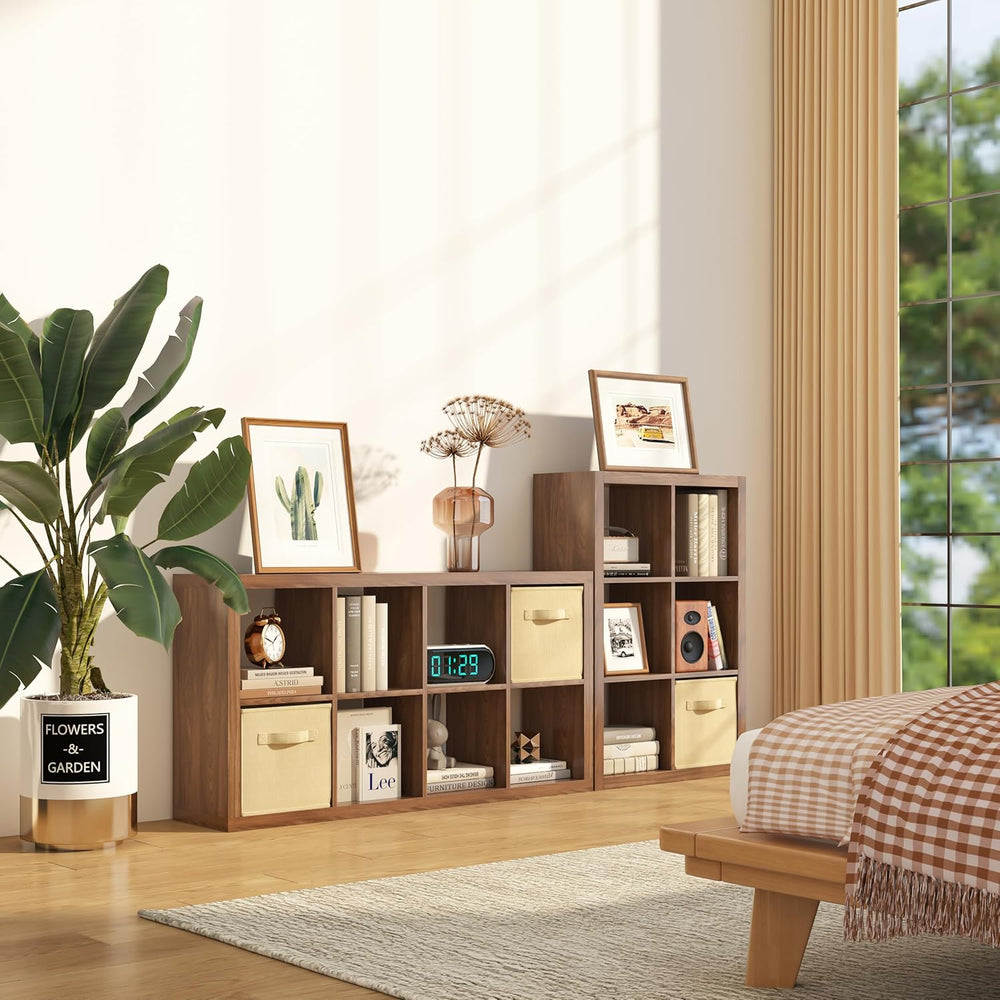 Bookshelf with Storage Bins, 9-Cube Storage Organizer Sturdy Wooden Bookcase ...