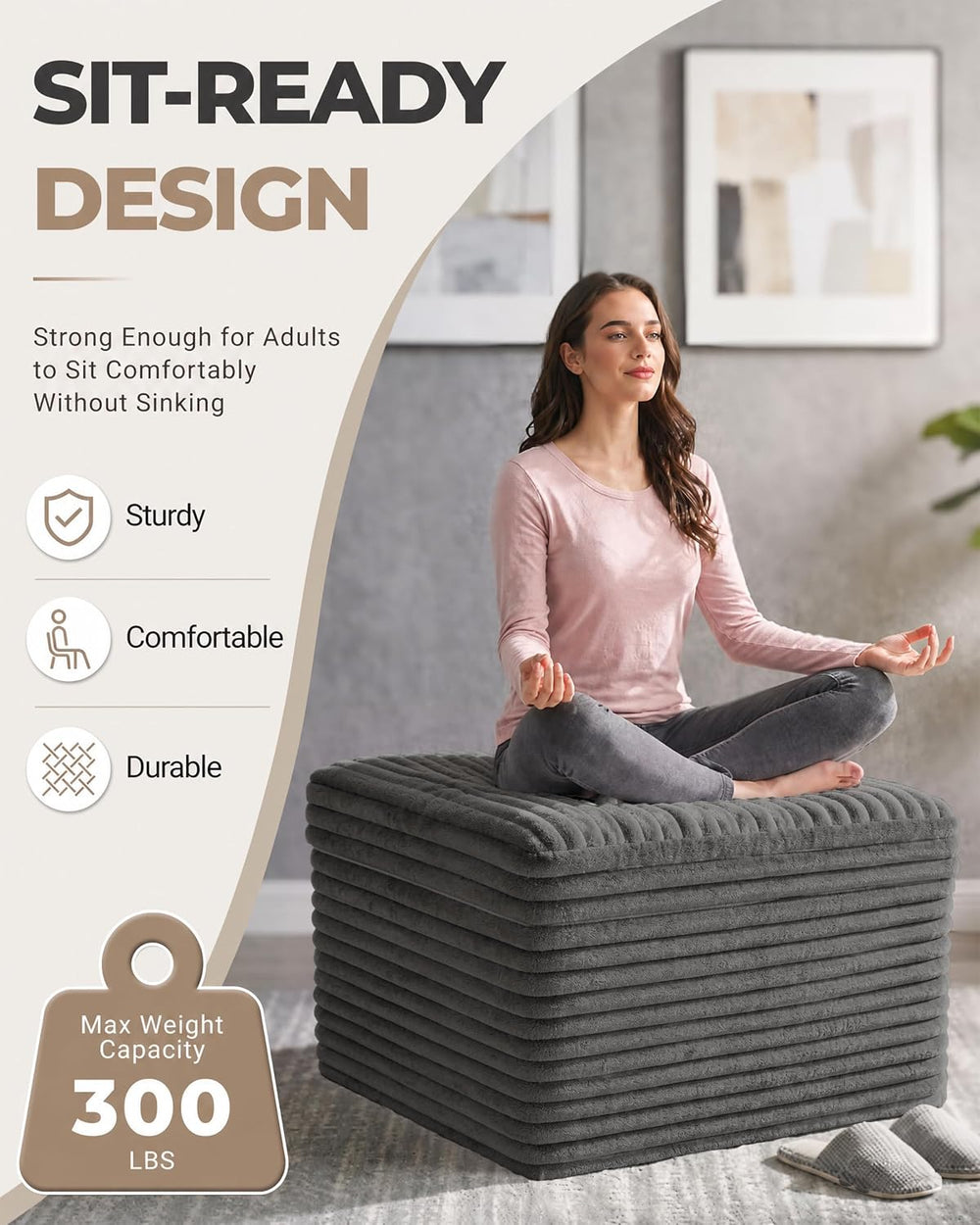 23.6in Pouf Ottoman, Corduroy Footstool Foot Rest Floor Seating