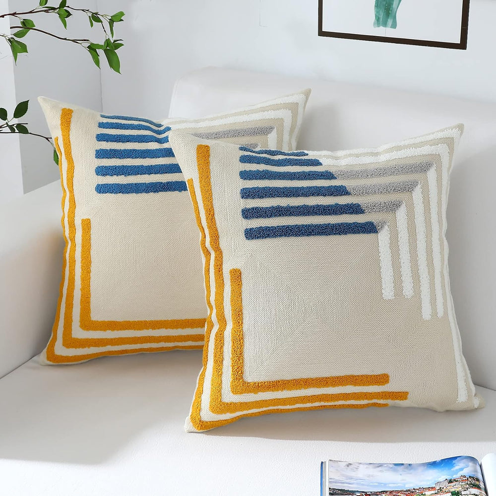 Yellow Blue Modern Tufted Embroidered Pillow Covers 18x18 Set of 2