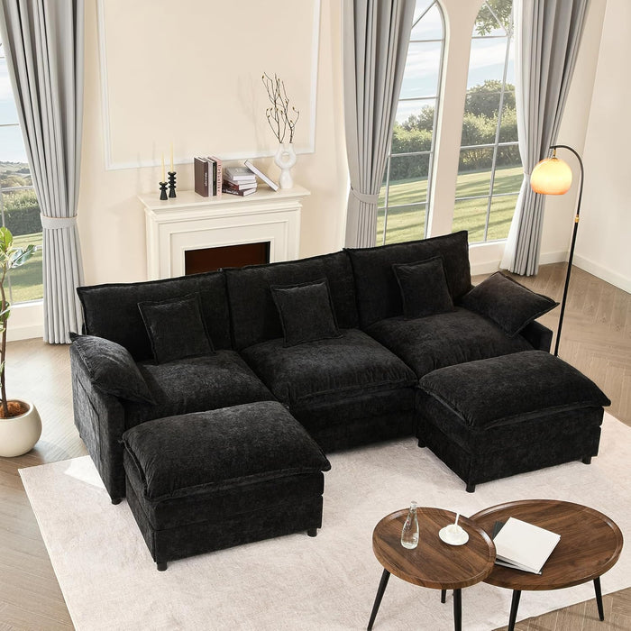 108" U Shaped Couch, Modular Sectional Sofa, 3-Seater Comfy Cloud Couch, Set of Modular Pieces with Movable Ottoman, Deep Seat Couches for Living Room, Chenille, Black