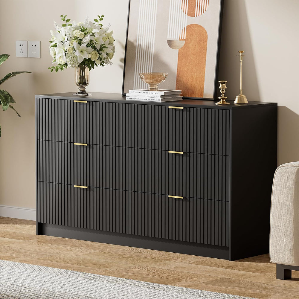 55.1" Wide Black Dresser for Bedroom, Fluted 6 Drawer Dresser