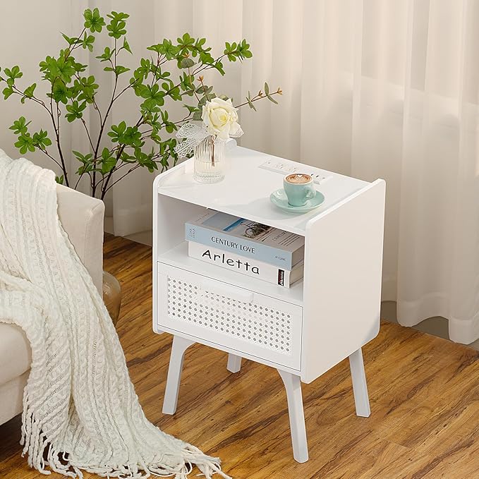 Lerliuo Rattan Nightstands set of 2 with Charging Station, Side Table with Dr...