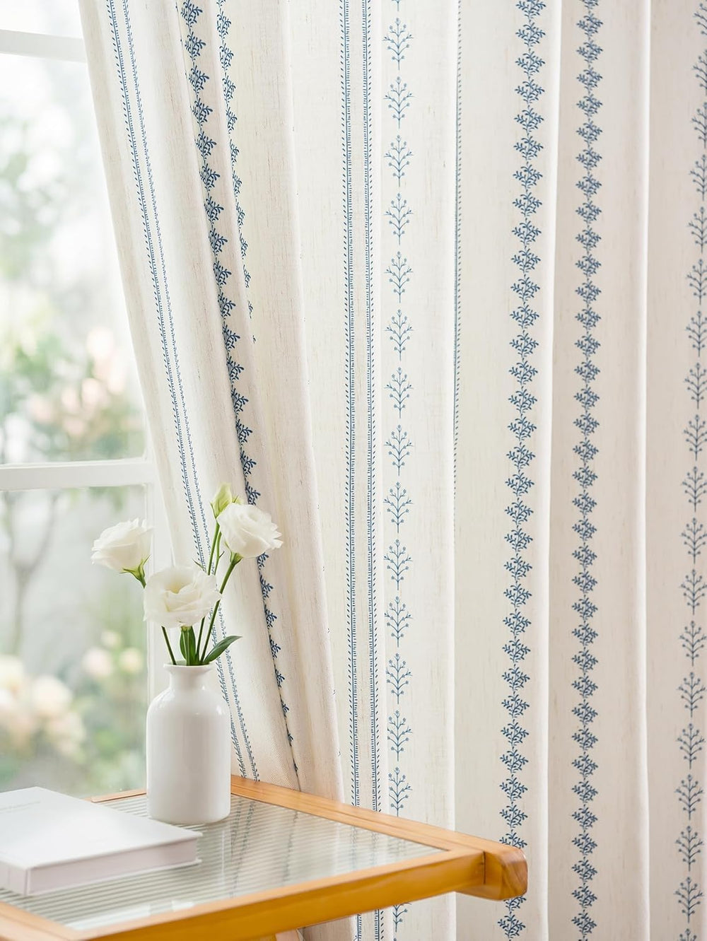 Navy Blue Floral Pinch Pleated Curtains 96 Inches Long, Block Print Vintage F...