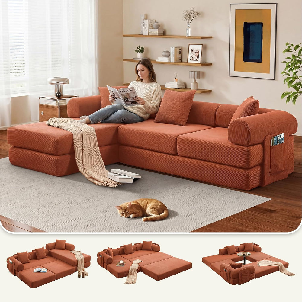 107" Modular Sectional Sofa Bed, L-Shape Corduroy Boneless Couch, Orange