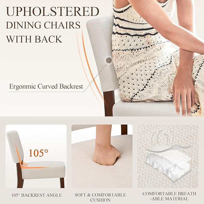Upholstered Dining Chairs Set of 2, Fabric Kitchen Chairs with Padded Seat &a...