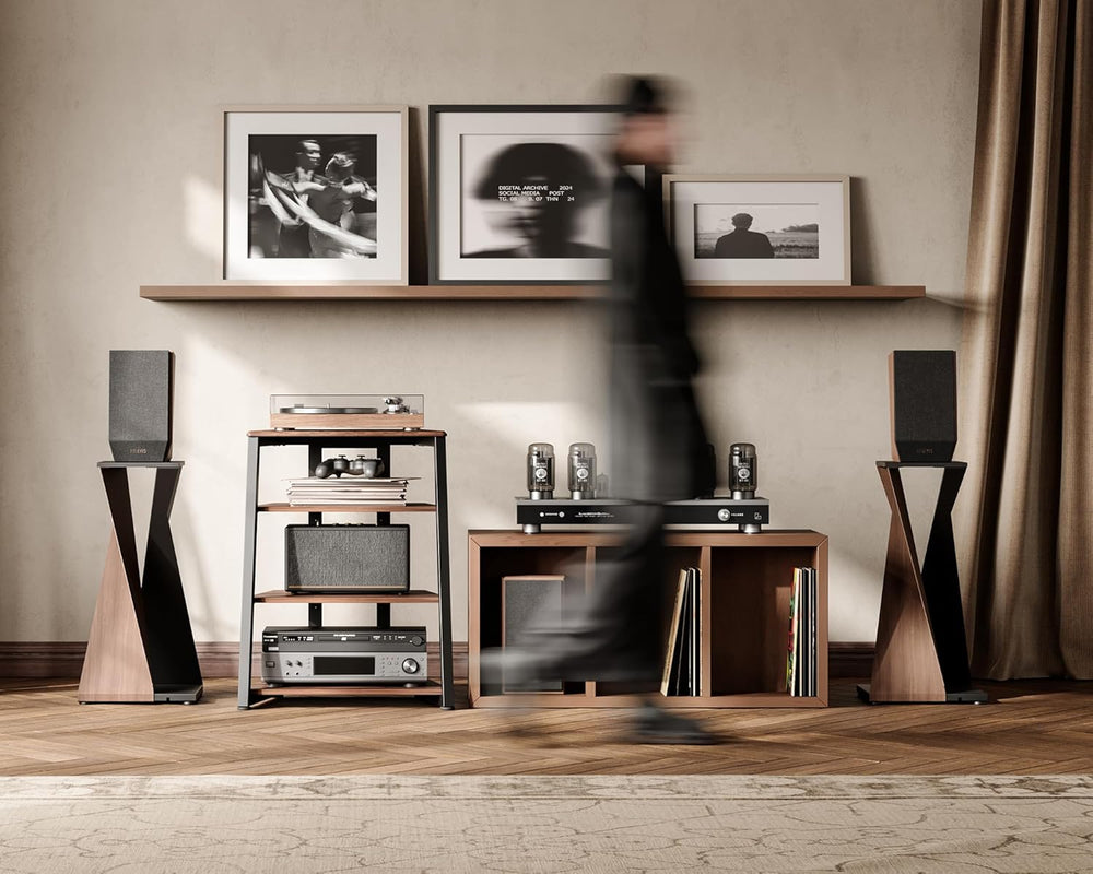 FITUEYES 4-Tier AV Media Stand Corner Shelf for Record Player Wooden Stereo C...