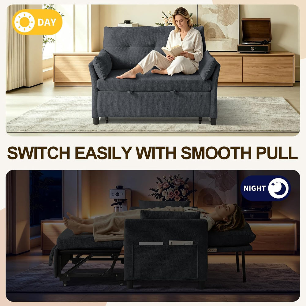 51" Sleeper Sofa Bed with Adjustable Backrest & Side Pockets, Dark Grey