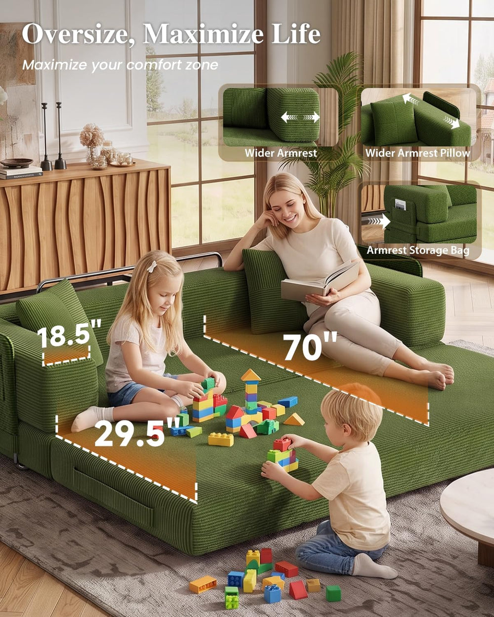 79.5" 5-in-1 Convertible Futon Sofa Bed, Boneless Corduroy, Green