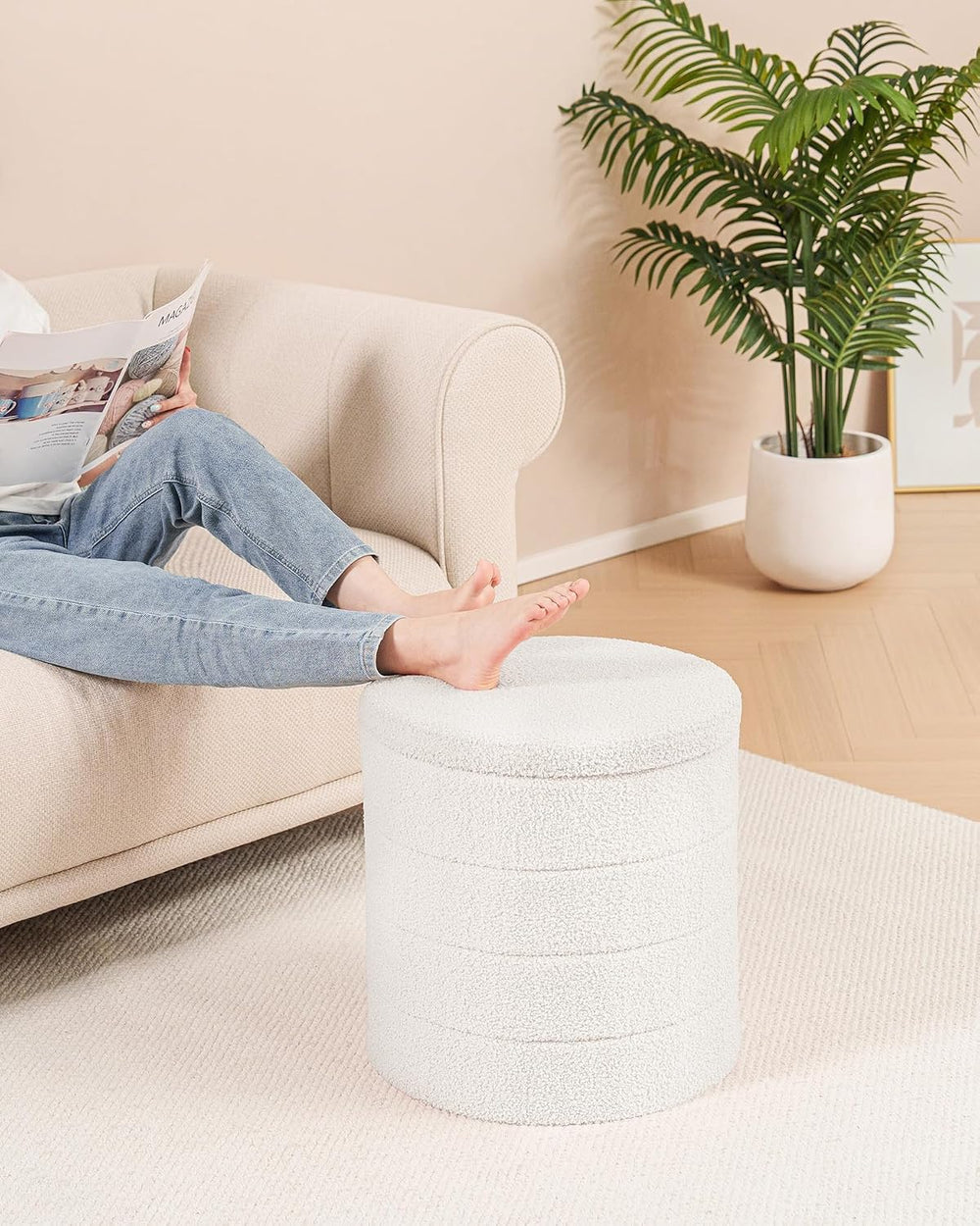 B FSOBEIIALEO Ottoman with Stroage, Round Sherpa Storage Ottoman Stool, Boucl...