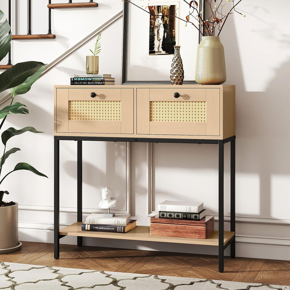 GOFLAME Rattan Console Table, Boho Entryway Table with 2 Drawers & Open S...